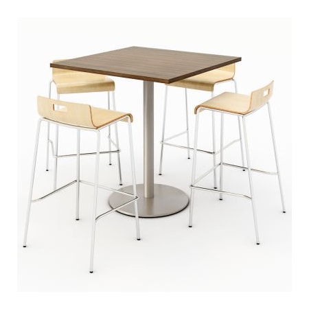 Kfi KFI 36" Dining Table & 4 Barstool Set, Teak Table With Natural Stools T36SQ-B1922SL-38-7960K-BR9333-4-NA